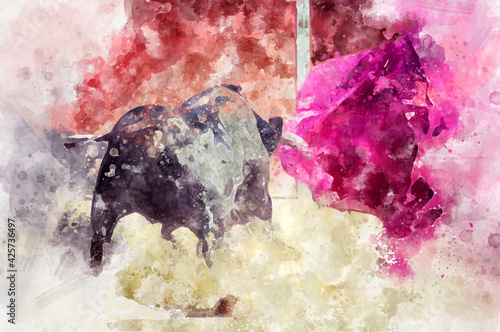 Watercolor, spectacle of bullfighting, where a bull fighting a bullfighter Spanish tradition