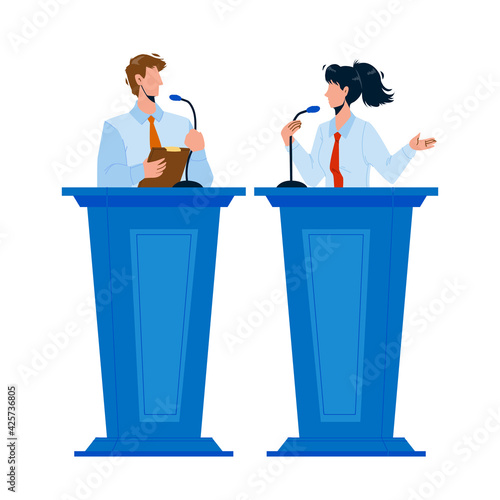 Speaker Discussing With Opponent At Tribune Vector. Speaker Woman And Man Talking In Microphone On Meeting Or Conference. Characters Businessman And Businesswoman Flat Cartoon Illustration