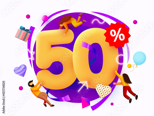 Mega sale. 50 percent discount. Special offer background with flying people. Promotion poster or banner.