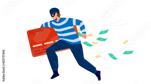 Thief Man Stealing Money From Credit Card Vector. Thief Running With Steal Finance, Bandit Burglar Boy Theft. Character Gangster Financial Criminal, Illegal Occupation Flat Cartoon Illustration