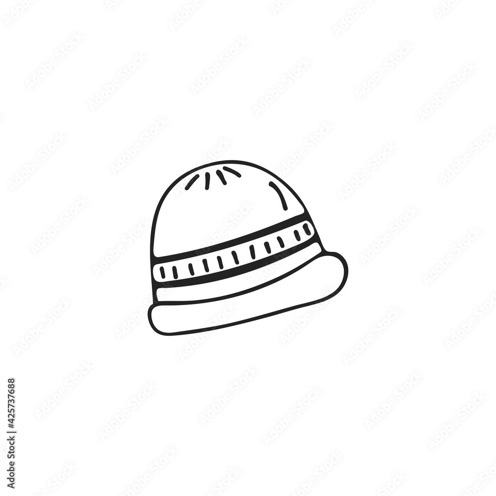 Fototapeta premium Hand-drawn winter hat, single element. Graphic doodle, sketch, outline drawing isolated on white. Vector illustration