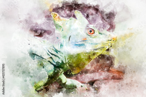 watercolor, chameleon, scaly lizard skin resting in the sun © Fernando Cortés