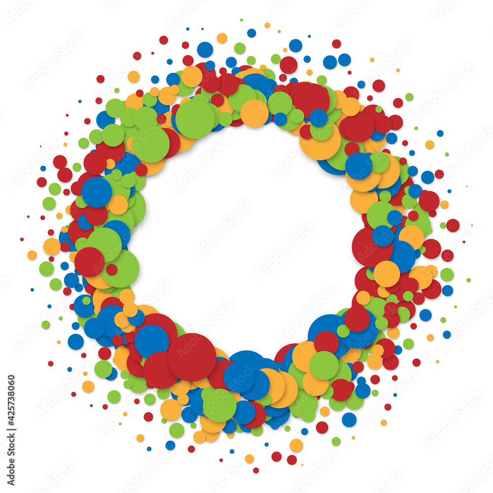 Abstract background design of colored circles with shadow, red, blue, green and yellow confetti on white background, round frame