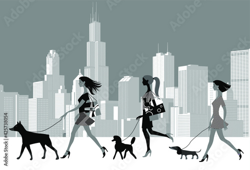 Women walk with dogs of different breeds against the backdrop of a modern city. Black and white vector illustration.