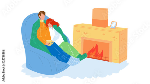 Winter Rest Couple Together Near Fireplace Vector. Young Man And Woman Wrapped In Plaid Relaxing On Armchair And Drinking Hot Drink, Family Winter Rest. Characters Resting Flat Cartoon Illustration
