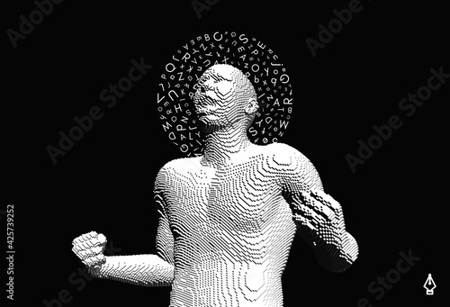 Portrait of a man shouting loud with halo of letters in chaotic order above his head. Angry muscled guy is yelling at something with closed fists. Voxel art. 3D vector illustration.