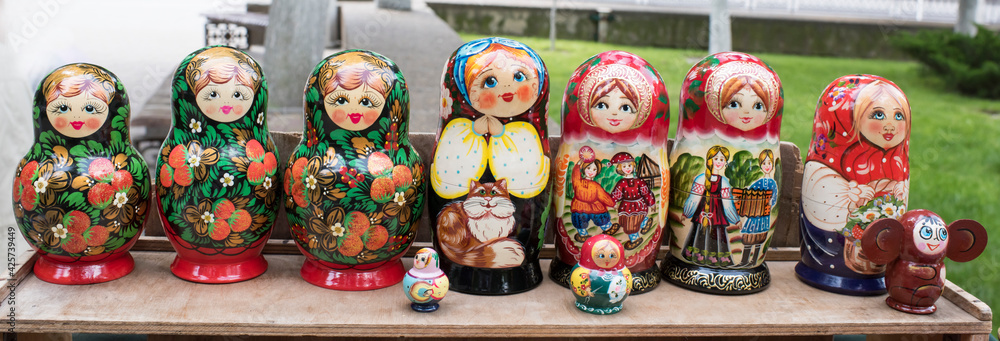 Shelf store wooden souvenirs - matryoshka dolls Shelf store wooden souvenirs - matryoshka dolls