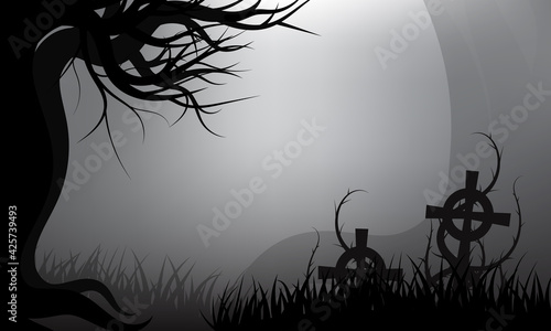 Loneliness and scary of dark forest thorns covered tombstones on graveyard