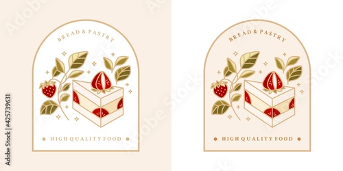 Hand drawn vintage cake, pastry, bakery logo, label, food product elements with strawberry, leaf branch and frame