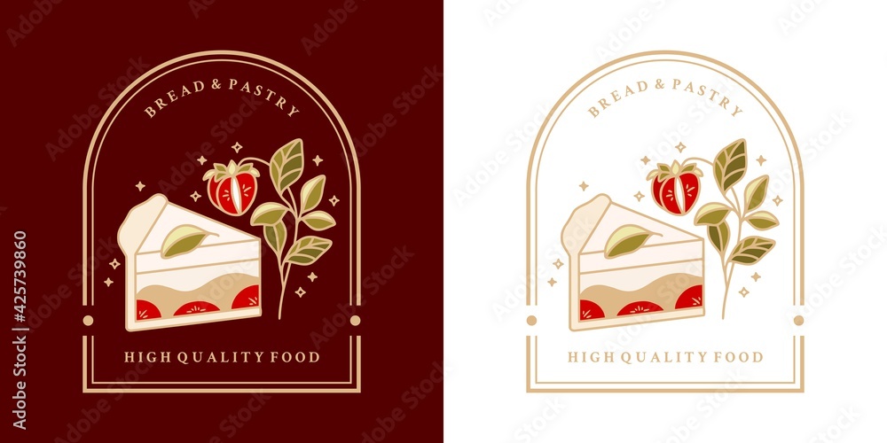 Hand drawn vintage cake, pastry, bakery logo, label, food product elements with strawberry, leaf branch and frame