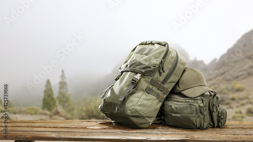 Table background of free space and landscape of mountains 