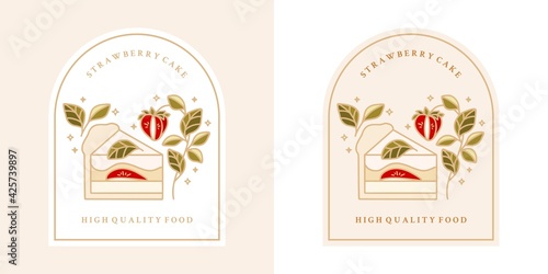 Hand drawn vintage cake, pastry, bakery logo, label, food product elements with strawberry, leaf branch and frame