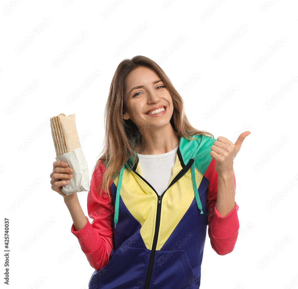 Young woman with delicious shawarma on white background Young woman with delicious shawarma on white background
