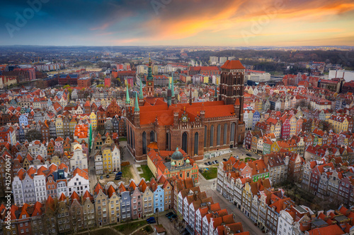 Aerial view of the St. Mary's Basilica in Gdansk at sunset, Poland