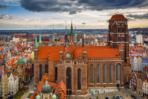 Aerial view of the St. Mary's Basilica in Gdansk at sunset, Poland