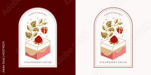 Hand drawn vintage cake  pastry  bakery logo  label  food product elements with strawberry  leaf branch and frame