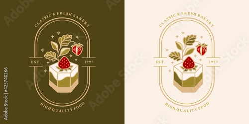 Hand drawn vintage cake, pastry, bakery logo, label, food product elements with strawberry, leaf branch and frame