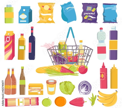 Food product in grocery basket, shop collection isolated on white, vector ill...