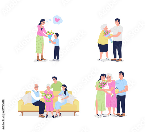 Mothers day flat color vector detailed character set. Adult children with mature parents. Family celebrate together isolated cartoon illustration for web graphic design and animation collection