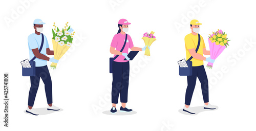 Couriers in mask and gloves with flowers flat color vector detailed character set. Safe delivery during pandemic isolated cartoon illustration for web graphic design and animation collection