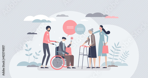 Elderly care as retirement senior support and assistance tiny person concept