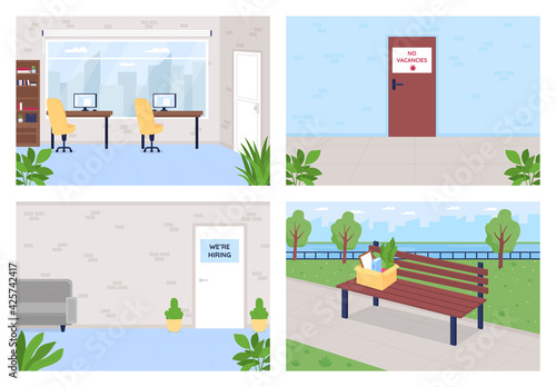 Employment and unemployment flat color vector illustration set. Door with no vacancy sign. Hiring for job position. Company 2D cartoon interior with office room on background collection