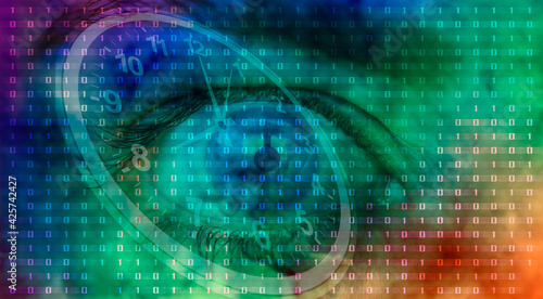 Close up of girl eye and binary code with colorful abstract background