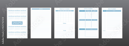 2025 calendar daily weekly monthly personal planner diary template in strict minimalist urban style gray blue color. individual schedule Week starts on sunday