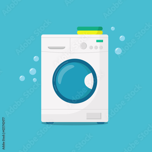 Washing machine with a stack of clothing. Flat vector illustration