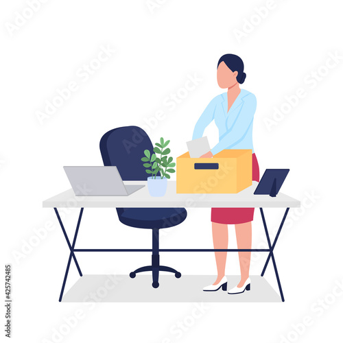 Fired woman collecting stuff flat color vector faceless character. Dismissed employee gathering stationery from work desk into box isolated cartoon illustration for web graphic design and animation