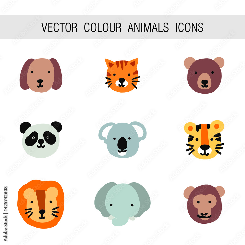 Watercolor animals icons dog cat bear panda koala tiger lion elefant monkey Watercolor animals icons dog cat bear panda koala tiger lion elefant monkey