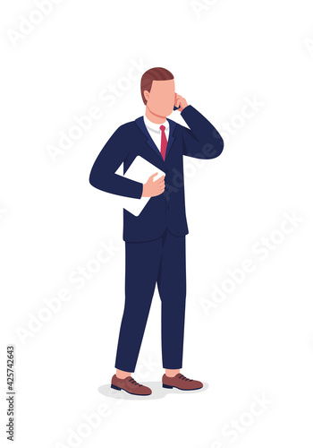 Businessman on phone call flat color vector faceless character. Professional entrepreneur talking on smartphone. Manager in suit, tie isolated cartoon illustration for web graphic design and animation