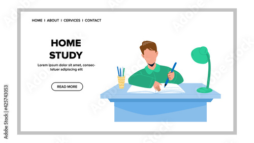 Home Study And Homework Doing Pupil Boy Vector. Schoolboy Writing Exercise In Notebook With Pencil, Home Study Education. Character Child Have Educational Time Web Flat Cartoon Illustration