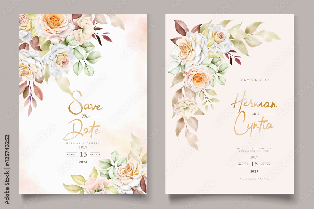 romantic hand drawn floral wedding invitation card set
