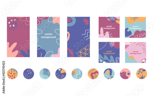 Social media highlights, banner posts and stories template. Set of trendy vector background with abstract shapes, lines, dots, floral details and editable text.