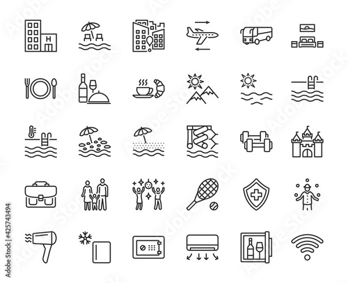 Travel agency flat line icon set. Vector illustration tourism service symbols included, flight, transfer, food, insurance. Editable strokes