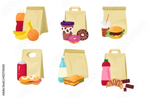 Meal food in paper bag, lunch box set, vector illustration. Snack, breakfast in pack collection, package container with sandwich isolated on white.