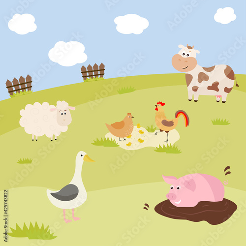 Set of pets and birds in a green clearing. Farm pets  cow  sheep  goose  rooster  pig  chicken  chicken