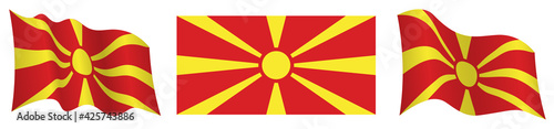 flag of North Macedonia in static position and in motion, fluttering in wind in exact colors and sizes, on white background