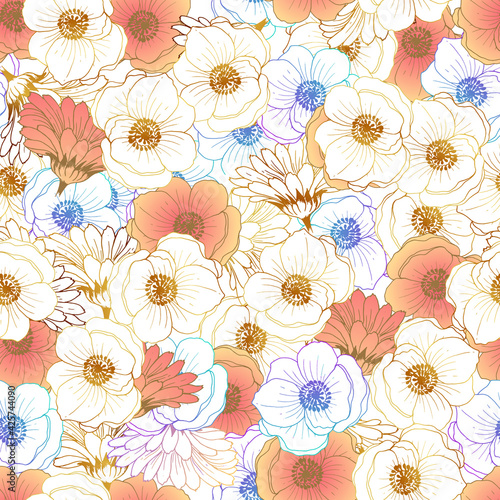 Childrens pattern. Dense floral background. Pink and beige with gold lines. Flowers texture. Illustration with vivid colors. © MARINA