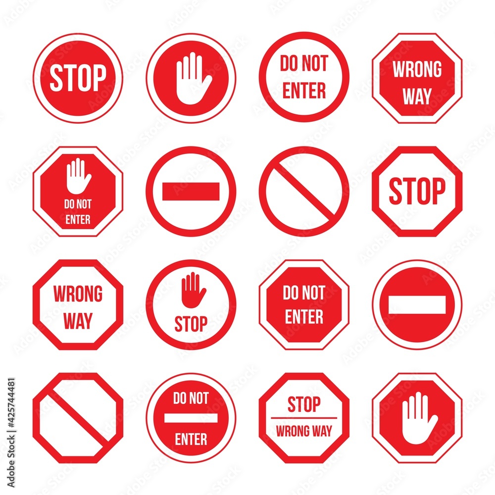 Stop sign with warning message information set Stop sign with warning message information set