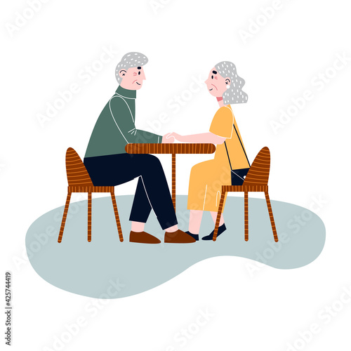 Happy elderly couple sitting in a cafe. Old couple on date. Flat vector illustration.