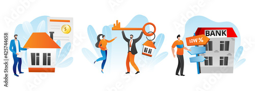 Mortgage concept set, vector illustration. Flat people man woman character get cash banking loan for buying house, financial agreement