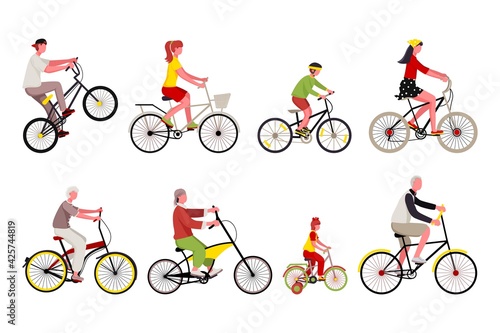Different people character riding bicycle set