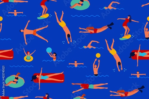 People swimming, surfing and relaxing seamless pattern