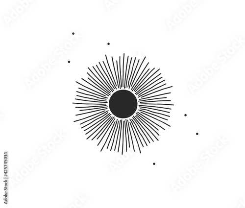 Hand drawn vector abstract stock flat graphic illustration with logo element of magic celestial sun silhouette art in simple style for branding,isolated on white background