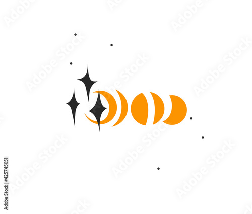 Hand drawn vector abstract stock flat graphic illustration collection set with logo elements of magic celestial astrology moon phases and stars isolated on white background