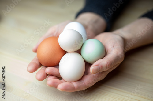 brown, white and green eggs in hands