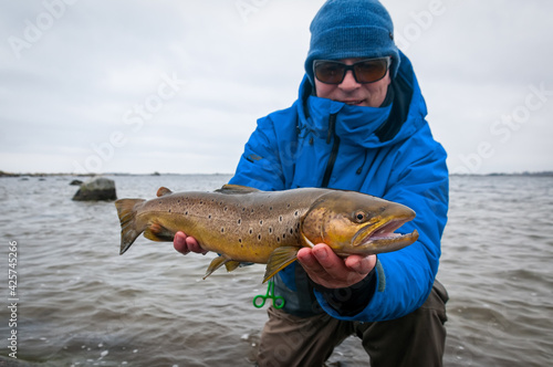 Angler with past spawn sea trout fish ready to release