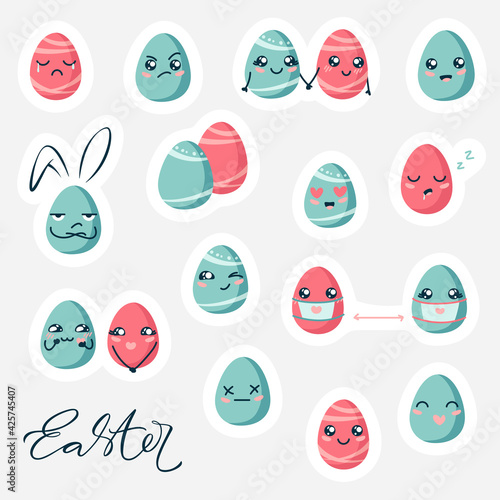 Funny Easter sticker pack. Kawaii eggs. Love in the distance. Set of cartoon character of cute eggs. emotional characters.